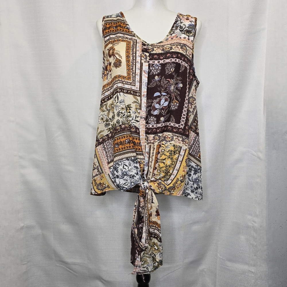 Andree By Unit Floral‎ Tank Top Size Large Orange Brown Patchwork Tie Hem